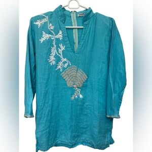 Barbara Gerwit Teal Embroidered  Beaded Tunic/Coverup